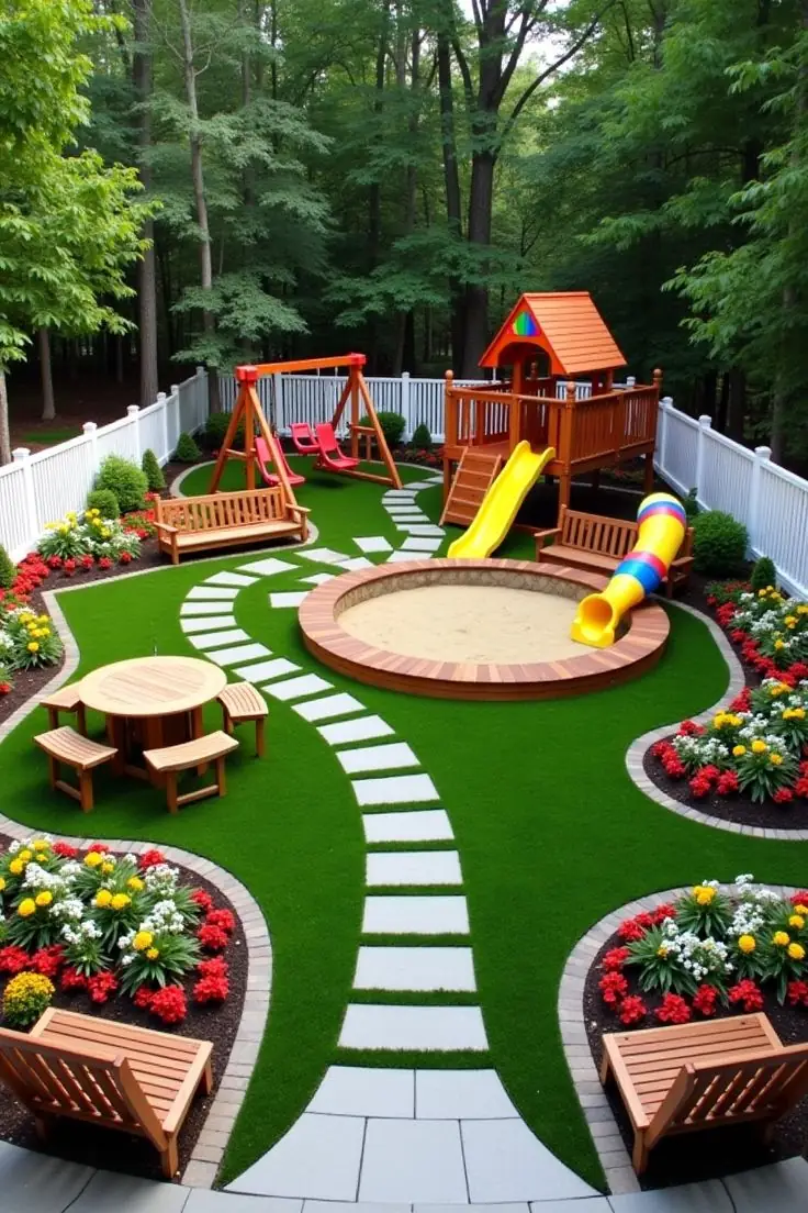 Children's play area with slides and swings