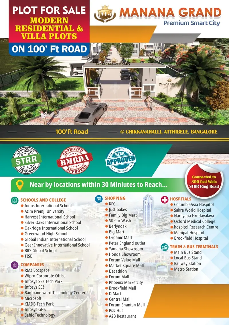 Manana Grand brochure: modern residential and villa plots for sale on 100 ft road, Chikkanahalli, Attibele, with nearby schools, hospitals and IT parks