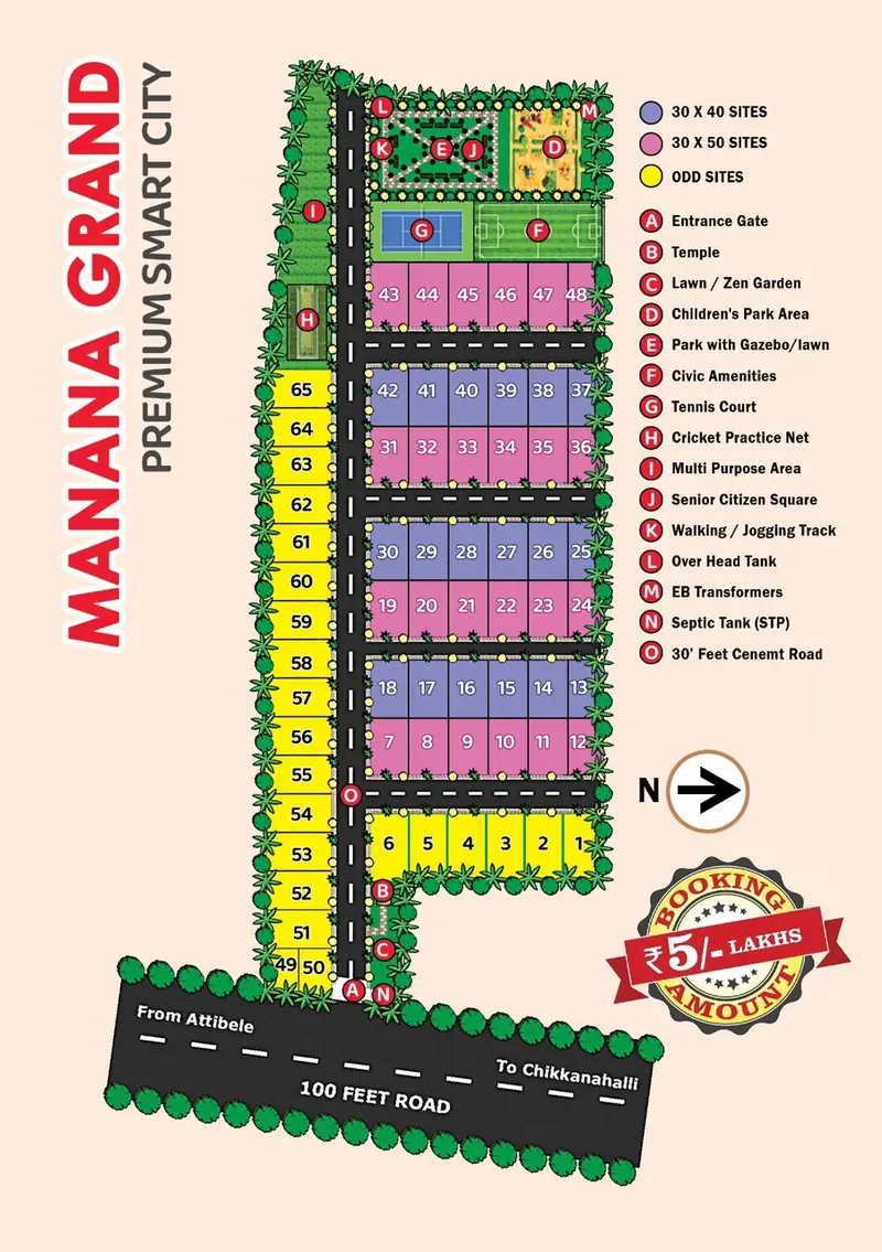 Manana Grand site plan showing 30x40 and 30x50 plots, parks, tennis court and cricket practice net